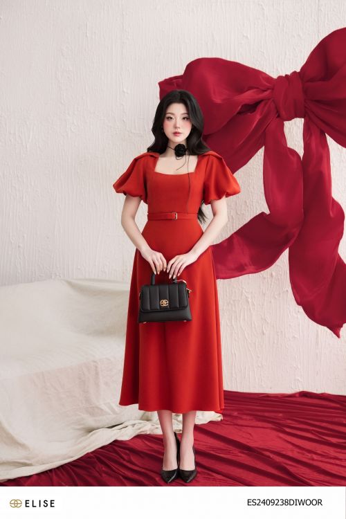 ĐẦM CAM ĐỎ CỔ VUÔNG TAY ĐÈN LỒNG