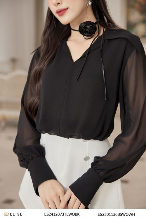 SM CHIFFON ĐEN CỔ NHỌN CHUN GẤU