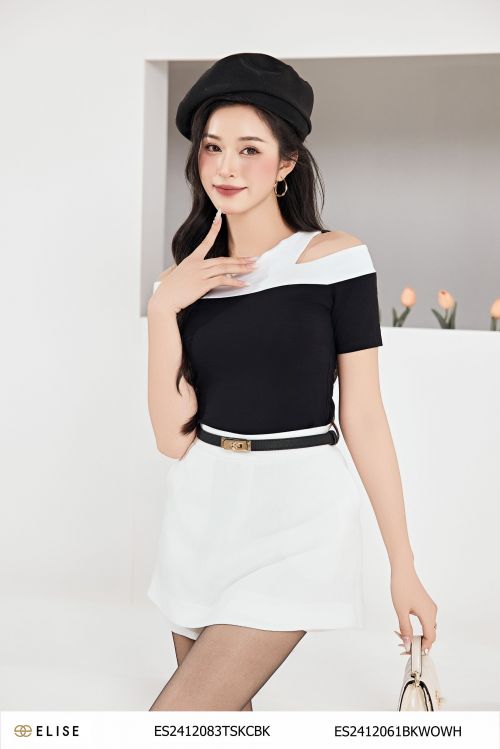 ÁO THUN ĐEN CỔ LỆCH PHỐI TRẮNG