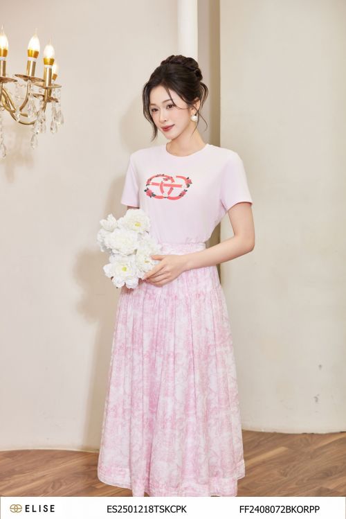 ÁO THUN HỒNG IN LOGO ELISE HÌNH HOA
