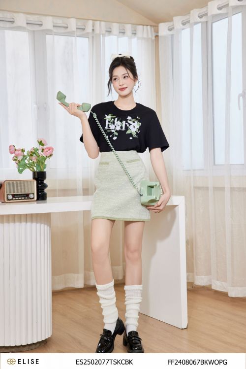 JUPE XANH CỐM VÂN NỔI TRẮNG PHỐI VIỀN