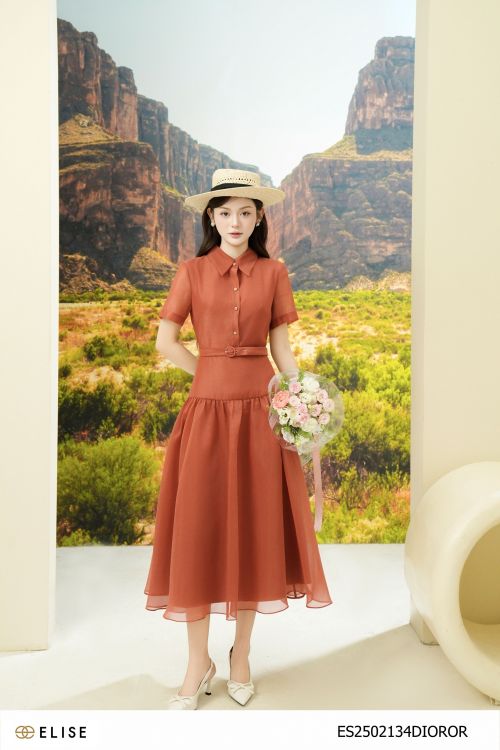 ĐẦM TƠ CAM XÒE NHÚN ĐAI EO