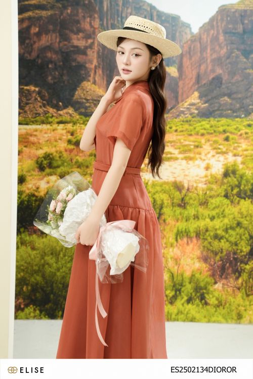 ĐẦM TƠ CAM XÒE NHÚN ĐAI EO