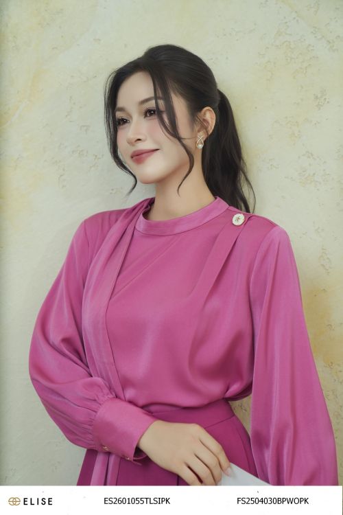 ÁO LỤA HỒNG DÂY NƠ CỔ