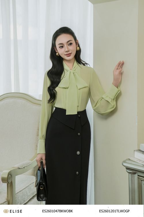 ÁO SƠ MI XANH CỐM CỔ BUỘC NƠ