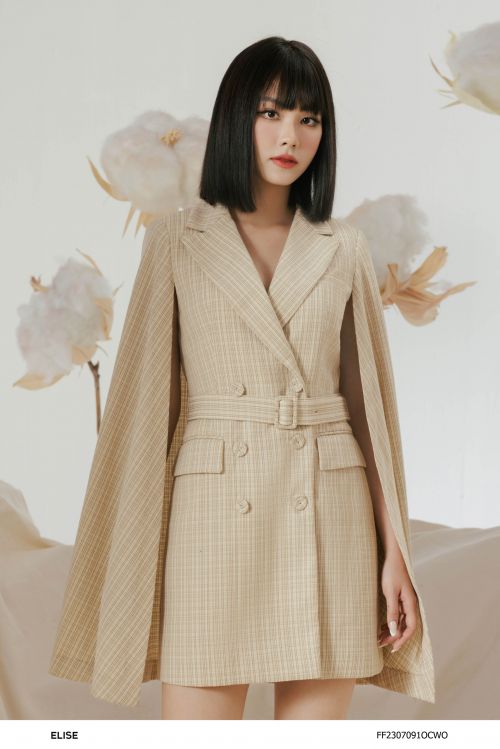 ÁO KHOÁC CAPE TWEED KẺ BE ĐAI EO