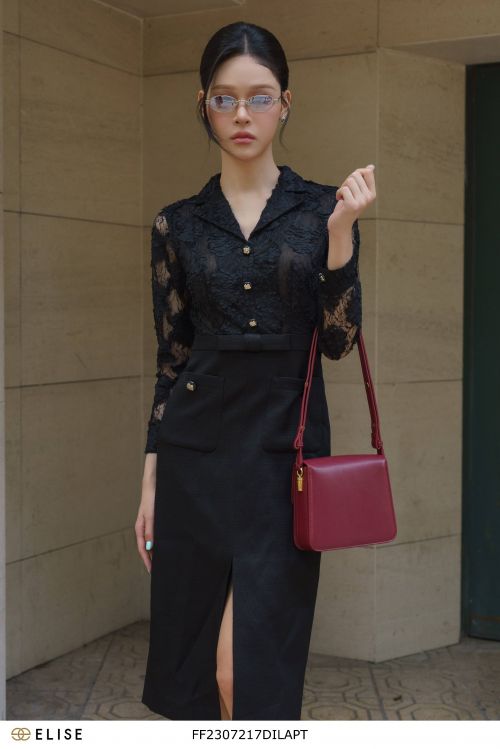 ĐẦM REN ĐEN HOA NỔI PHỐI DẠ TWEED