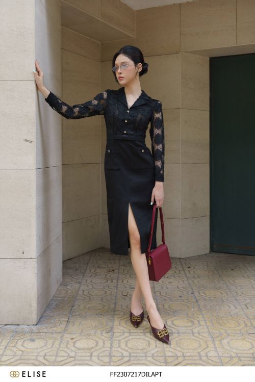 ĐẦM REN ĐEN HOA NỔI PHỐI DẠ TWEED