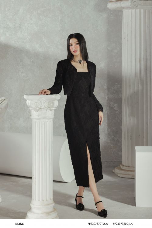 ĐẦM 2 DÂY REN HOA ĐEN LƯỚI NỔI XẺ TRƯỚC
