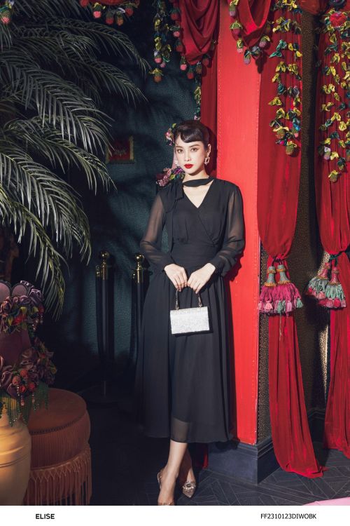 ĐẦM CHIFFON ĐEN CỔ V NHÚN EO