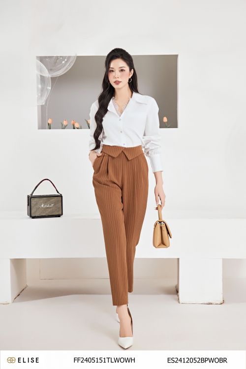 QUẦN BAGGY NÂU KẺ TRẮNG CẠP LẬT V