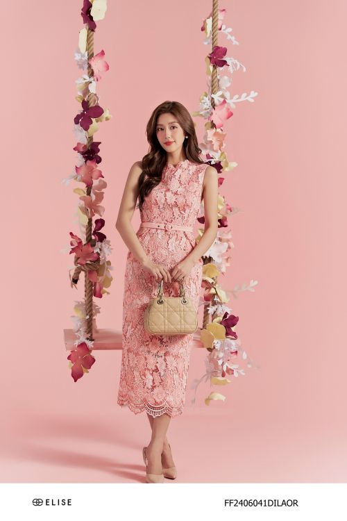ĐẦM REN HOA CAM HỒNG VIỀN CỔ BÔ ĐÊ