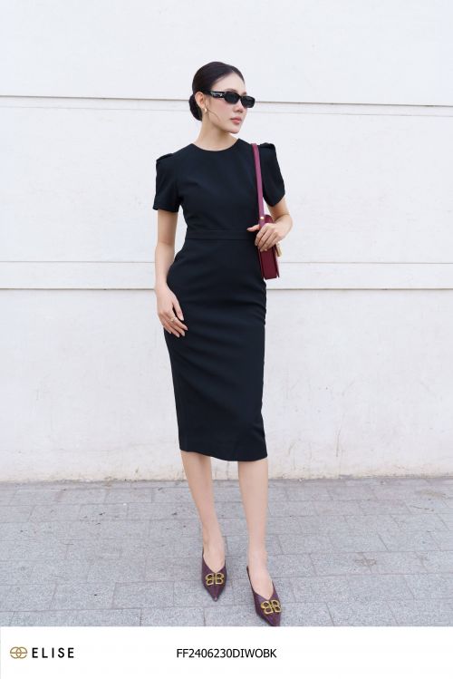 ĐẦM ĐEN XẾP LY TAY ĐÍNH HOA EO