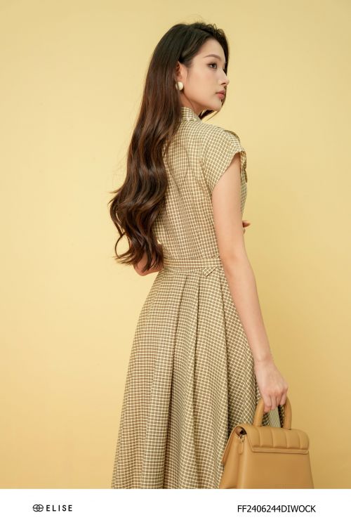 ĐẦM KẺ CARO BE NÂU VIỀN CỔ BÈO SÓNG