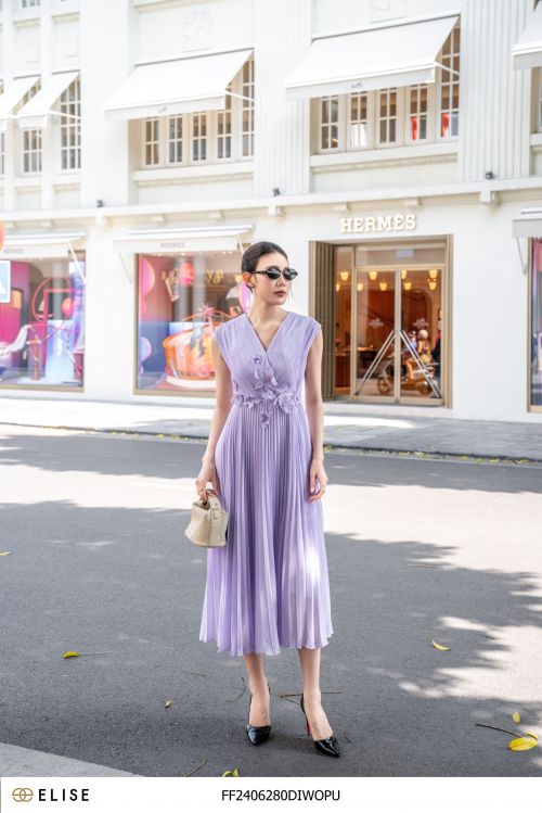 ĐẦM CHIFFON TÍM DẬP LY ĐÍNH HOA EO
