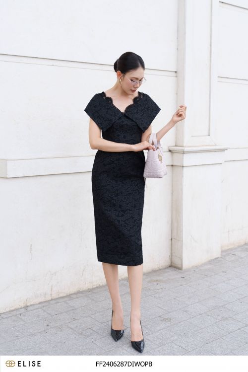 ĐẦM GẤM HOA ĐEN NỔI VIỀN REN CỔ