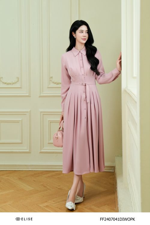 ĐẦM HỒNG CHÂN XẾP LY ĐAI EO