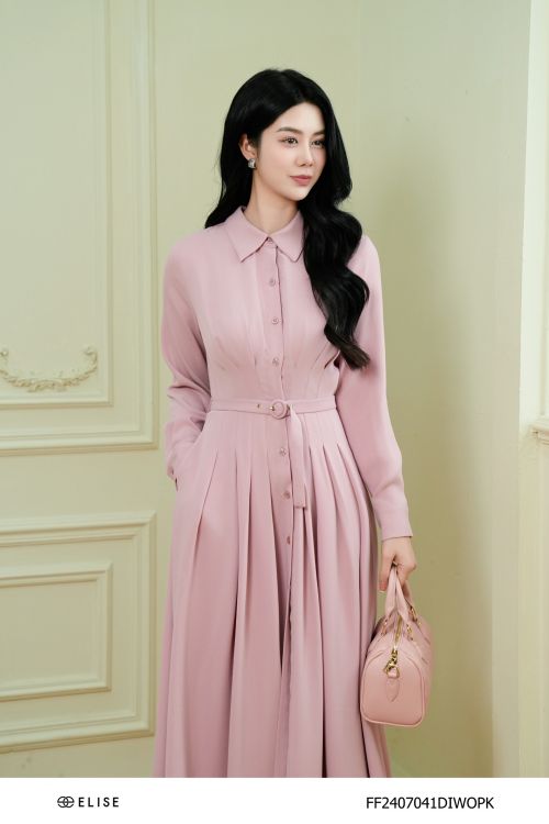 ĐẦM HỒNG CHÂN XẾP LY ĐAI EO