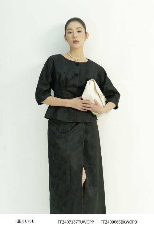 VEST GẤM ĐEN HT LÁ PEPLUM TAY LIỀN