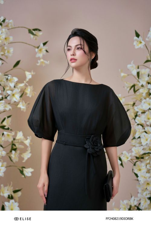ĐẦM TƠ ĐEN TAY LỠ DÂY HOA EO