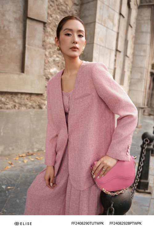 ÁO 2 DÂY TWEED HỒNG ĐẤT CÚP NGỰC