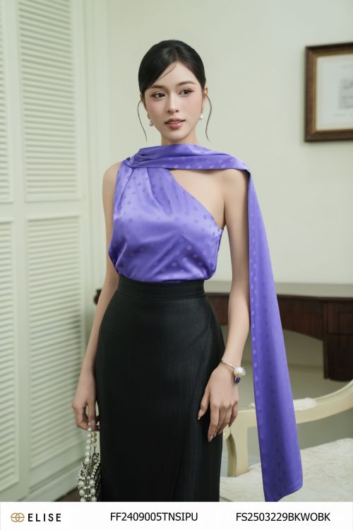 ÁO LỤA TÍM CHẤM BI LỆCH VAI DÂY CỔ