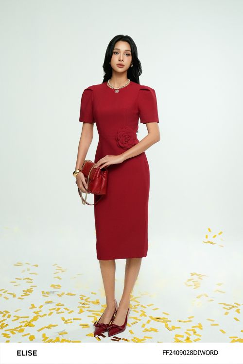 ĐẦM ĐỎ TAY XẾP LY ĐÍNH HOA EO