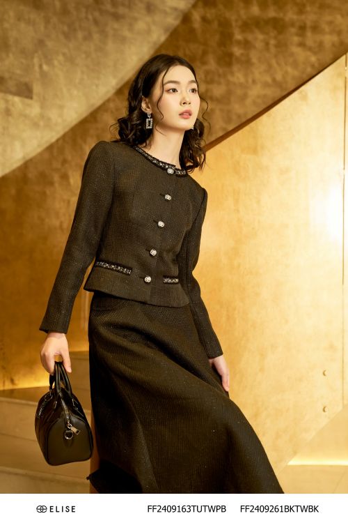 VEST TWEED ĐEN KT BẠC CỔ VIỀN DÂY PK