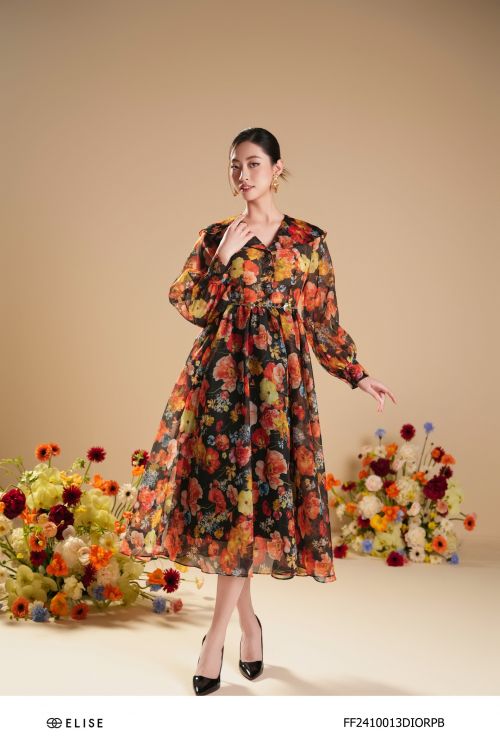 ĐẦM TƠ HOA NỀN ĐEN CỔ QUEEN