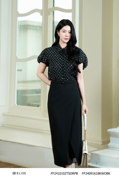 SƠ MI TƠ CHẤM BI ĐEN TRẮNG CÀI HOA