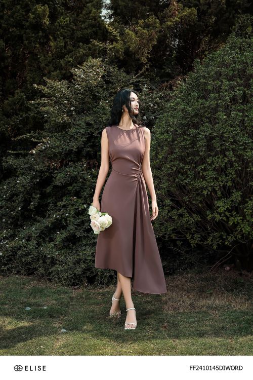 ĐẦM ĐỎ NÂU NHÚN EO VẠT CHÉO