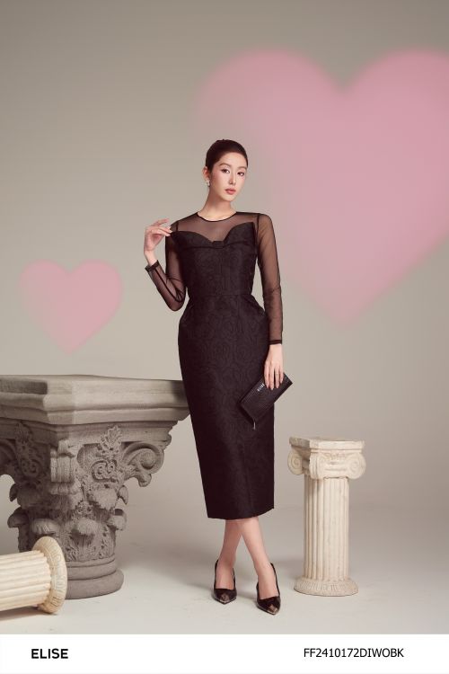 ĐẦM GẤM HOA ĐEN CÚP NGỰC PHỐI LƯỚI