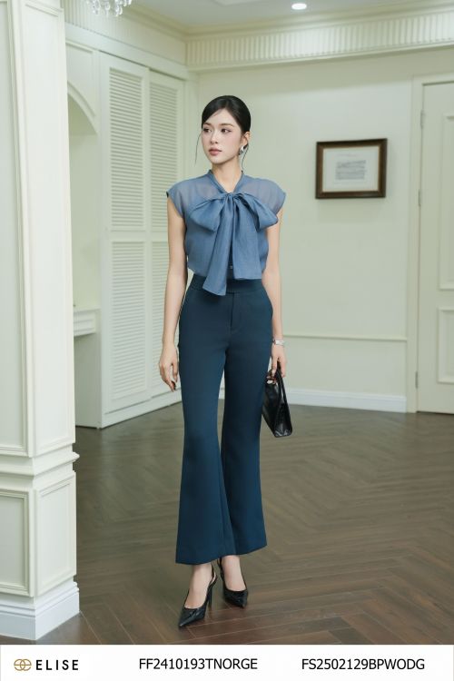 QUẦN VÂN XANH RÊU ỐNG LOE CẠP LỆCH