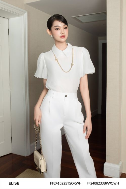 ÁO TƠ TRẮNG TAY PHỒNG DÂY CỔ