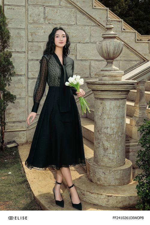 ĐẦM CHIFFON ĐEN HT CỔ LỤA
