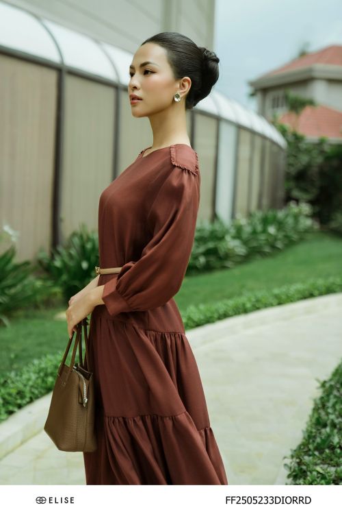 ĐẦM TƠ NÂU ĐỎ XÒE XẾP NHÚN TẦNG