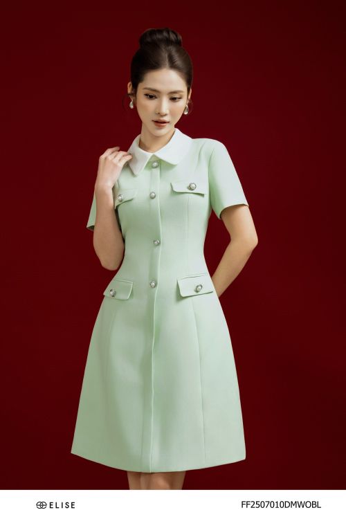 ĐẦM TUYTSY XANH PHỐI CỔ TRẮNG