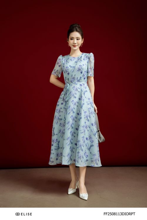 ĐẦM TƠ XANH HOA TÍM BUỘC DÂY HOA EO