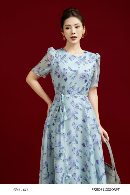 ĐẦM TƠ XANH HOA TÍM BUỘC DÂY HOA EO