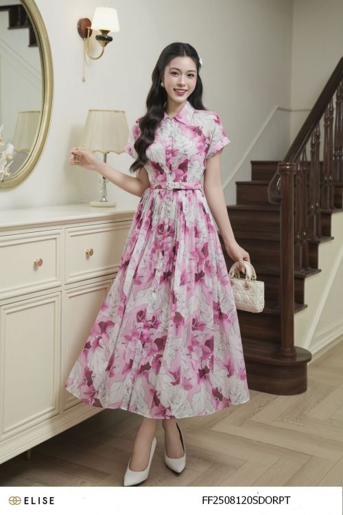 SET ĐẦM TƠ HỒNG HT HOA ĐAI EO