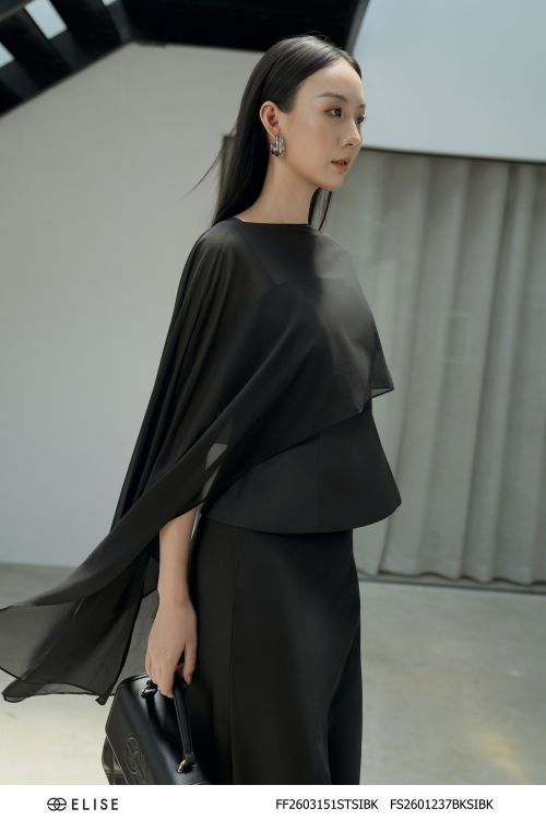 SÉT ÁO LỤA SATIN ĐEN CHOÀNG CHIFFON