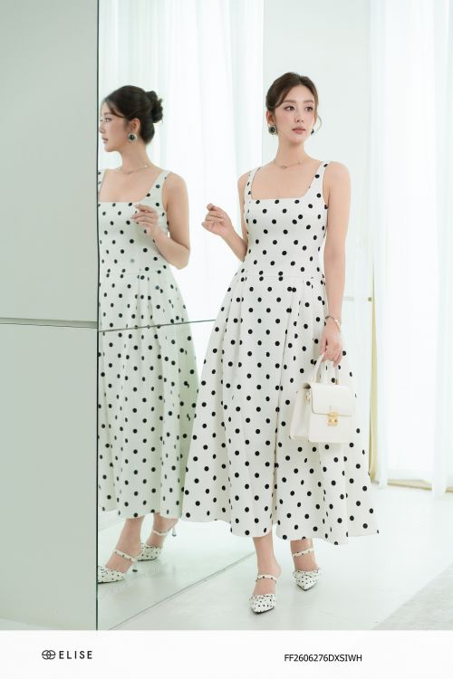 ĐẦM LỤA TRẮNG CHẤM BI XẾP LY EO