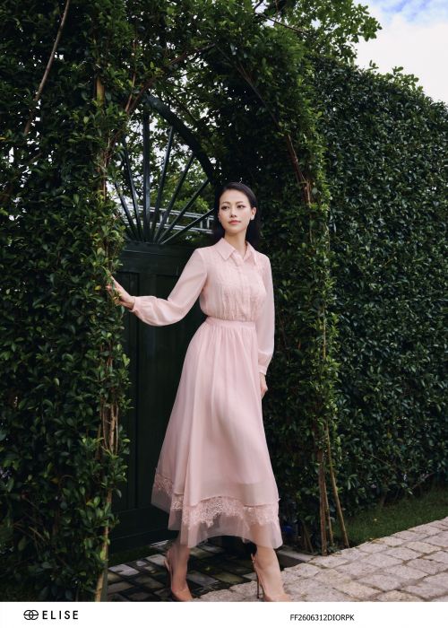 ĐẦM TƠ HỒNG CỔ ĐỨC PHỐI REN