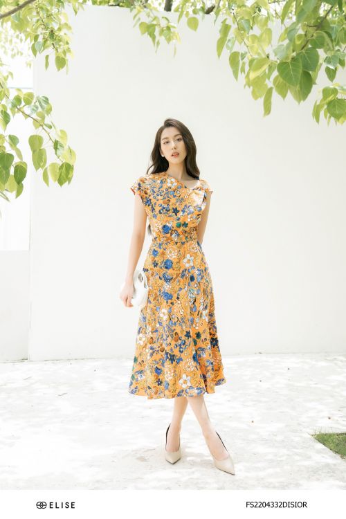 ĐẦM LỤA HOA CAM XOẮN CỔ