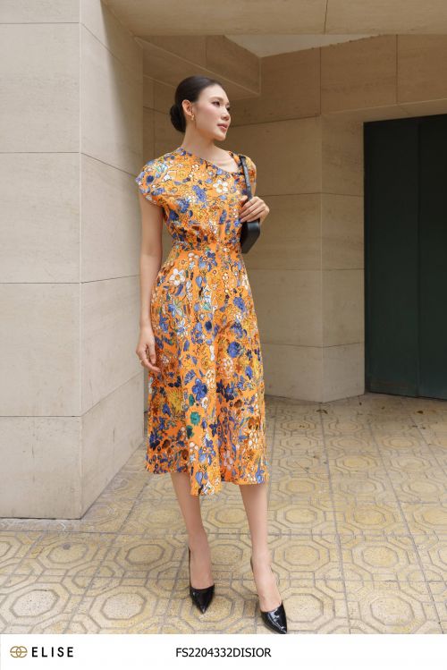 ĐẦM LỤA HOA CAM XOẮN CỔ