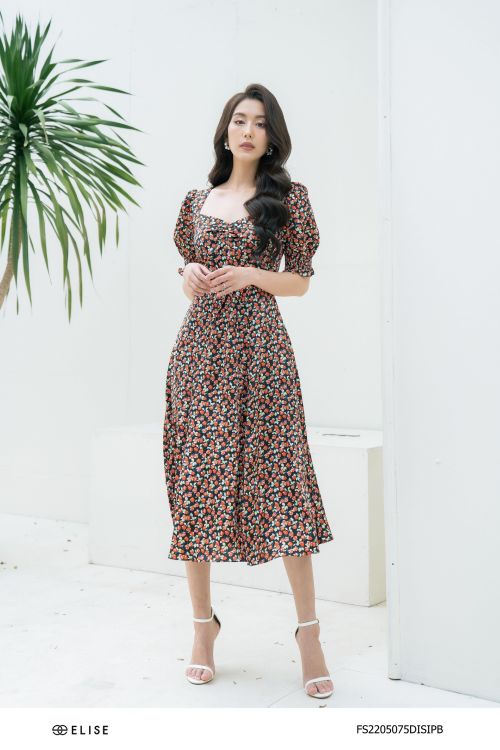 ĐẦM LỤA ĐEN HOA HỒNG CHUN TAY