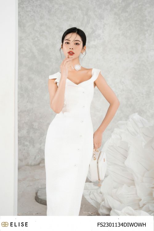 ĐẦM GẤM TRẮNG KIM TUYẾN LỆCH VAI