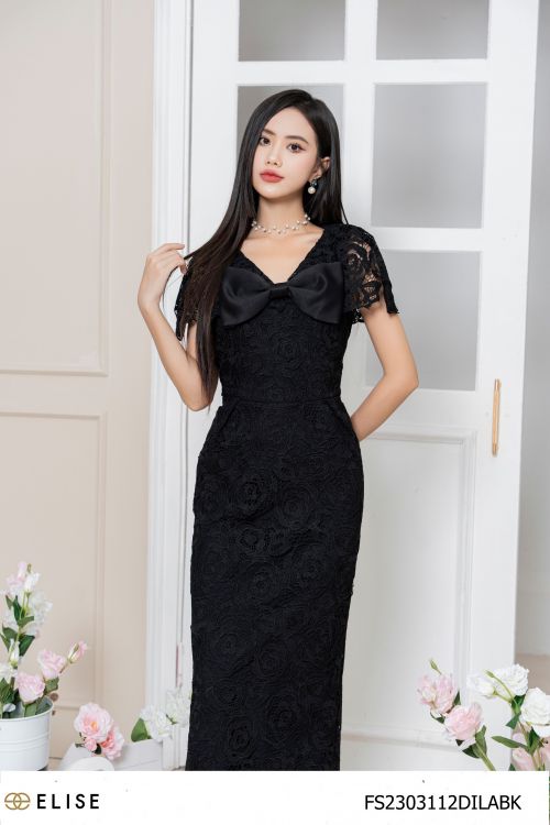 ĐẦM ÔM REN HOA ĐEN NƠ CỔ