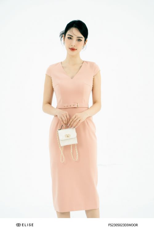 ĐẦM ÔM CAM CỔ V ĐAI EO