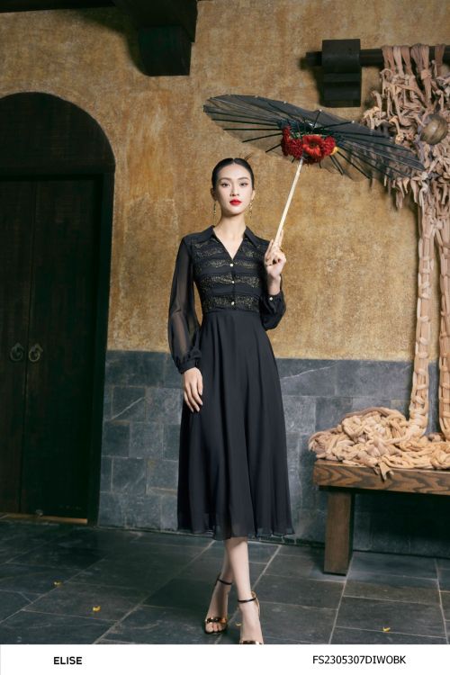 ĐẦM CHIFFON ĐEN XẾP BÈO REN NGỰC